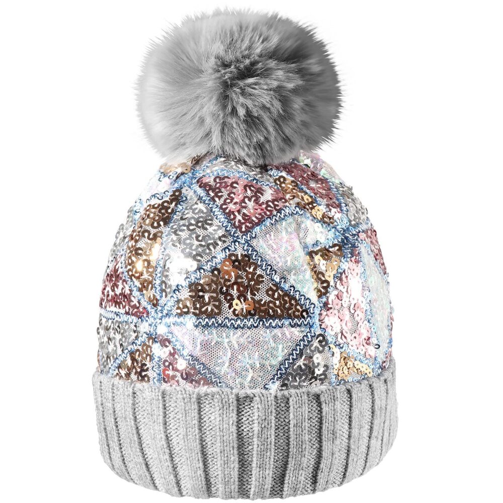 6830 Sequin Knitted Beanie Hat with Faux Fur Pom-Pom Shiny Bling Skull Cap